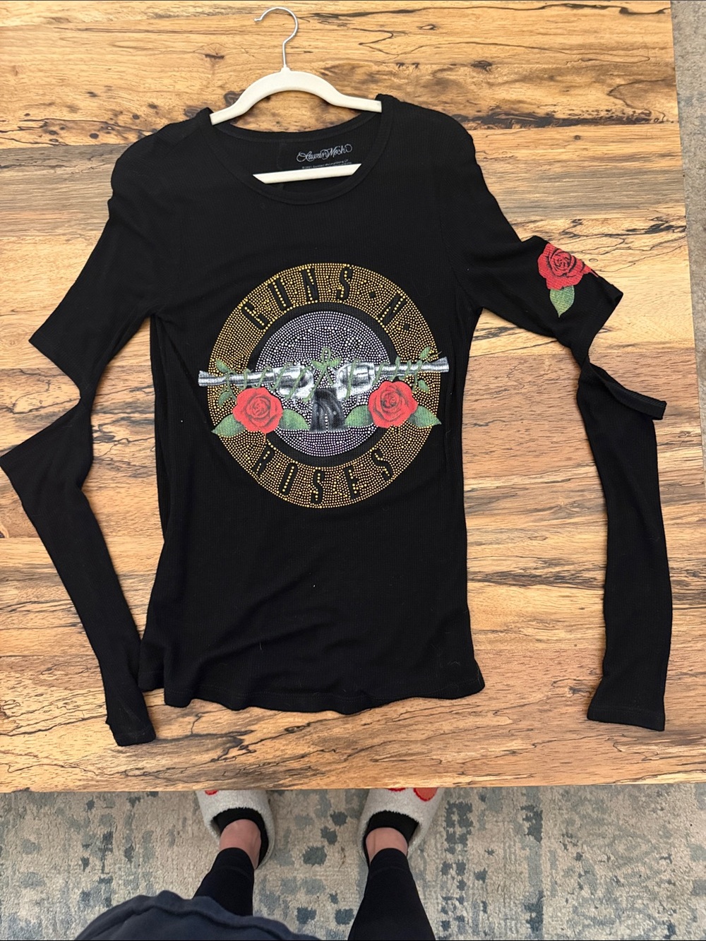 Lauren Moshi Black Long-Sleeve Graphic Tee with Red Rose Accents